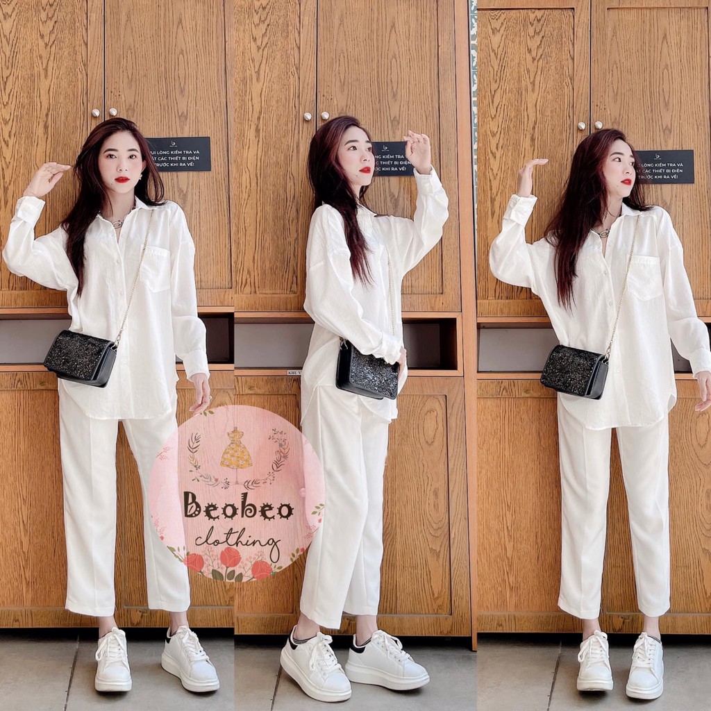 Áo sơ mi trắng xanh oversize có túi ulzzang