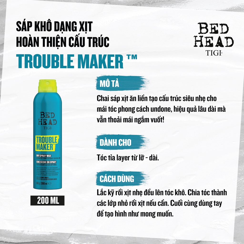 TIGI Bed Head Sáp Khô Dạng Xịt Hoàn Thiện Cấu Trúc Tóc Trouble Maker 200ml | Tạo Rối Xù Tự Nhiên, Sóng Lơi Mềm Mượt