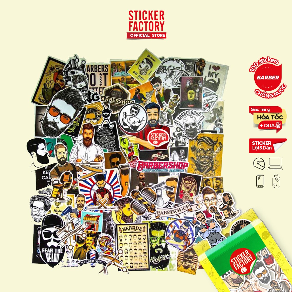 Barber hớt tóc - hộp set 100 sticker decal hình dán nón bảo hiểm , laptop, xe máy, ô tô - STICKER FACTORY