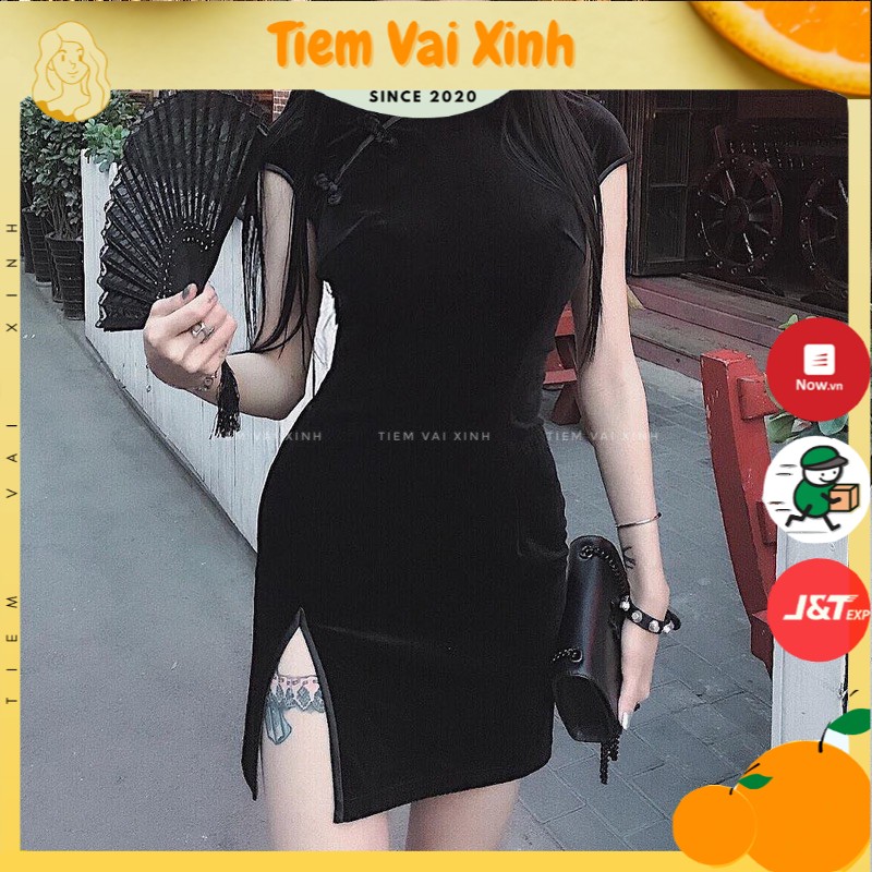 Sườn Xám Body Cách Tân Nhung [FREESHIP] Đầm Body Sườn Xám - Tiệm Vải Xinh