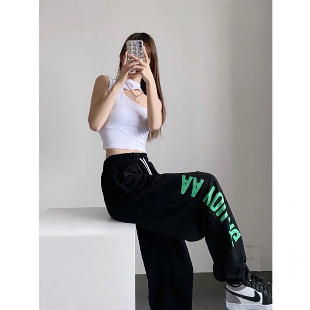 Quần Thể Thao Ống Rộng Lưng Thun Rút Dây Phong Cách Hip Hop Cho Nữ