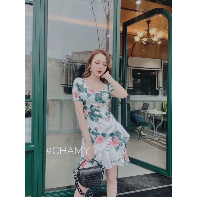 Váy hoa vạt bèo cổ V tim, xoắn eo, phong cách trẻ trung, thích hợp cho chị em công sở, đi chơi và đi dự tiệc