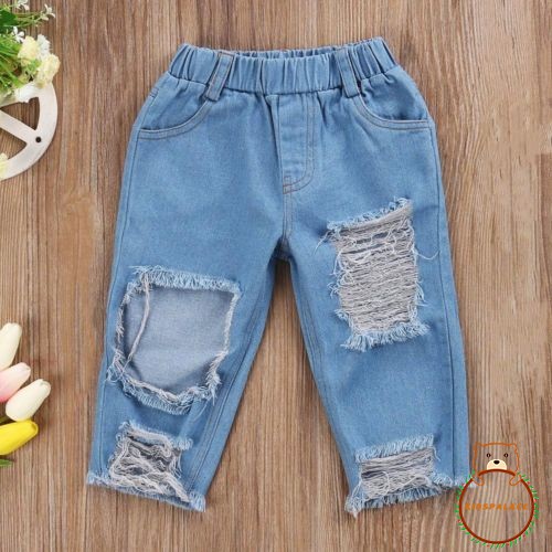 Set áo trễ vai + quần rách denim kèm băng đô thời trang cho bé gái