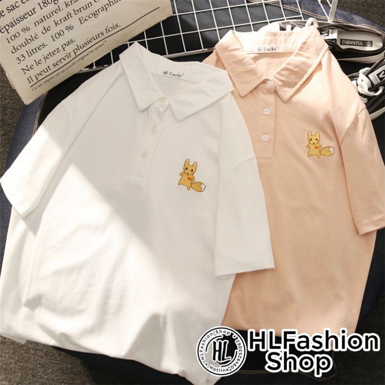 (BA) Áo polo thun cổ trụ thêu hình hồ ly cực đẹp, áo thun size có cổ HLFashion (ảnh thật)