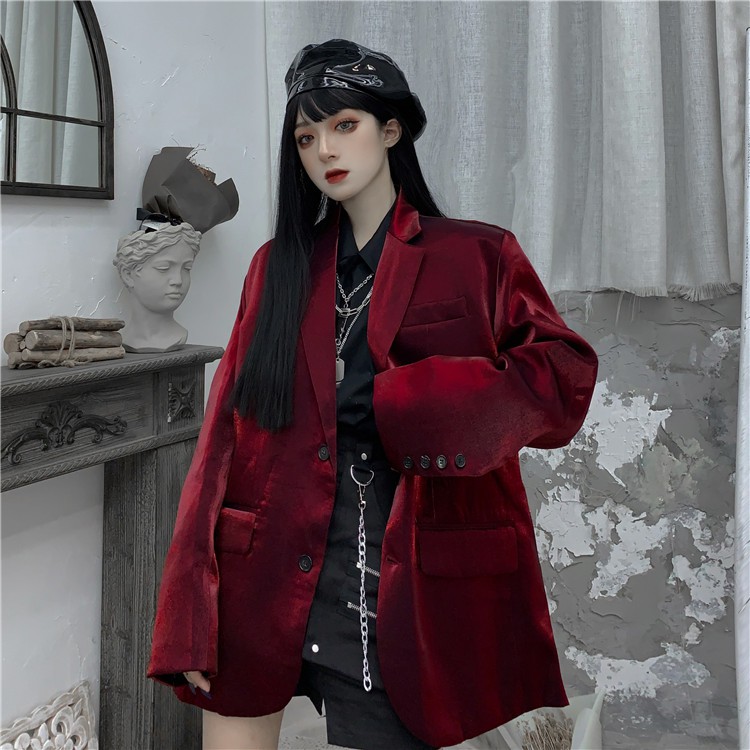 Sẵn ÁO KHOÁC BLAZER ĐỎ SATIN PHONG CÁCH ULZZANG