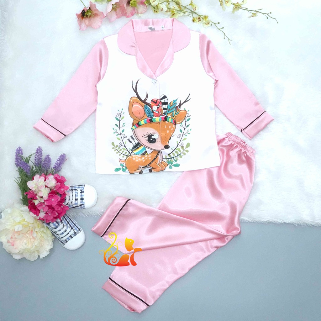 Đồ Bộ Pijama Phi Lụa "Hình Nai" Tay Dài Cho Bé - Từ 12kg - 42kg.