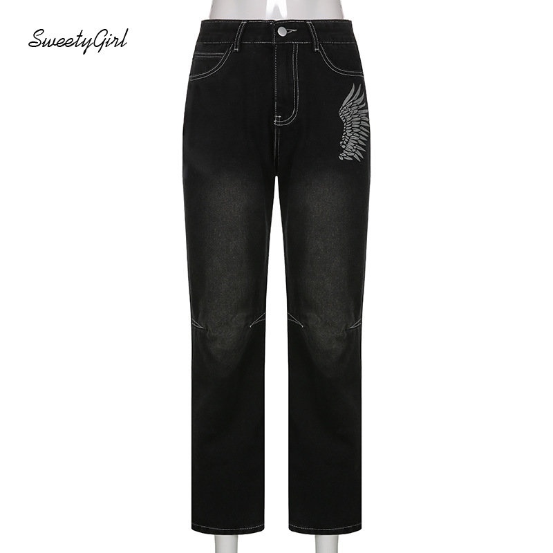 Quần Jean Ống Rộng Lưng Thấp Màu Đen Trơn Thời Trang 2022 Dành Cho Nữ