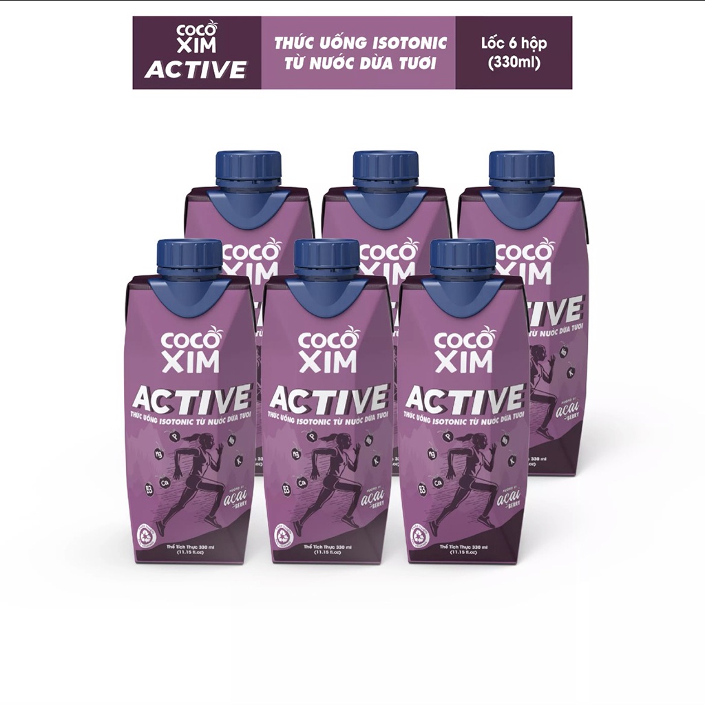 6 Hộp 330ml Cocoxim Active-Thức Uống isotonic Từ Nước Dừa Tươi Vị Acai Berry