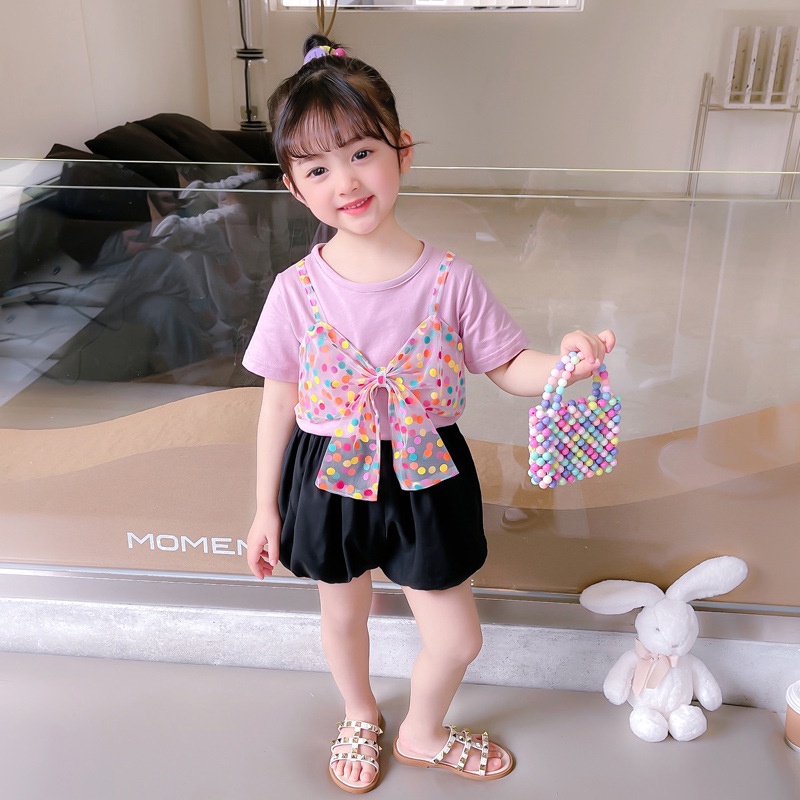 Set Áo Thun Thắt Nơ Phối Chân Váy Đen Hồng Thời Trang Cho Bé Gái