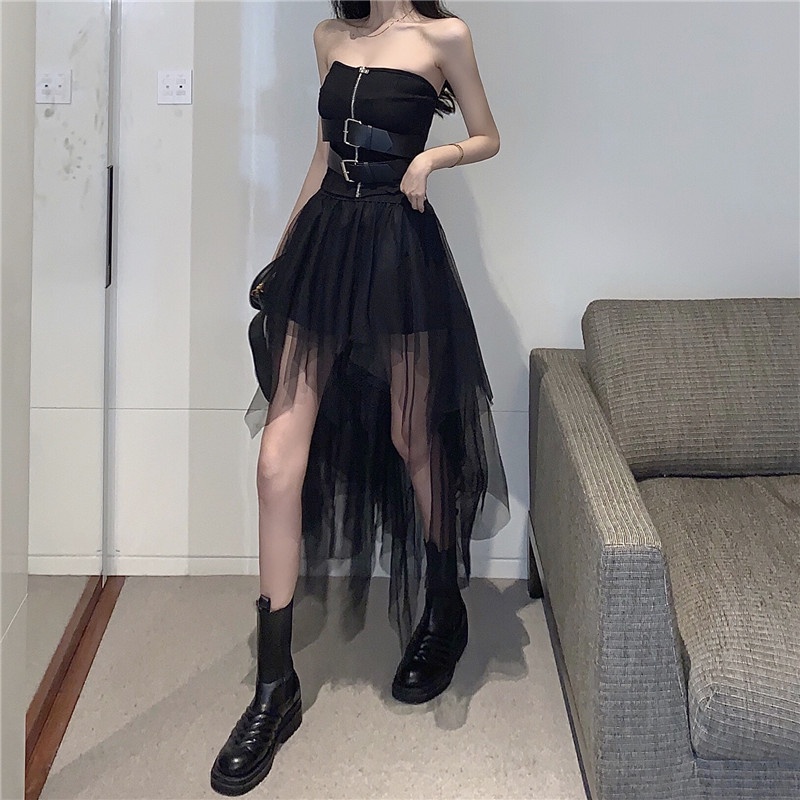 Set áo ống thun croptop ôm body tôn dáng và da dây kéo dây gài khóa hở vai + váy lưới đen lưng cao dài ngắn đuôi cá