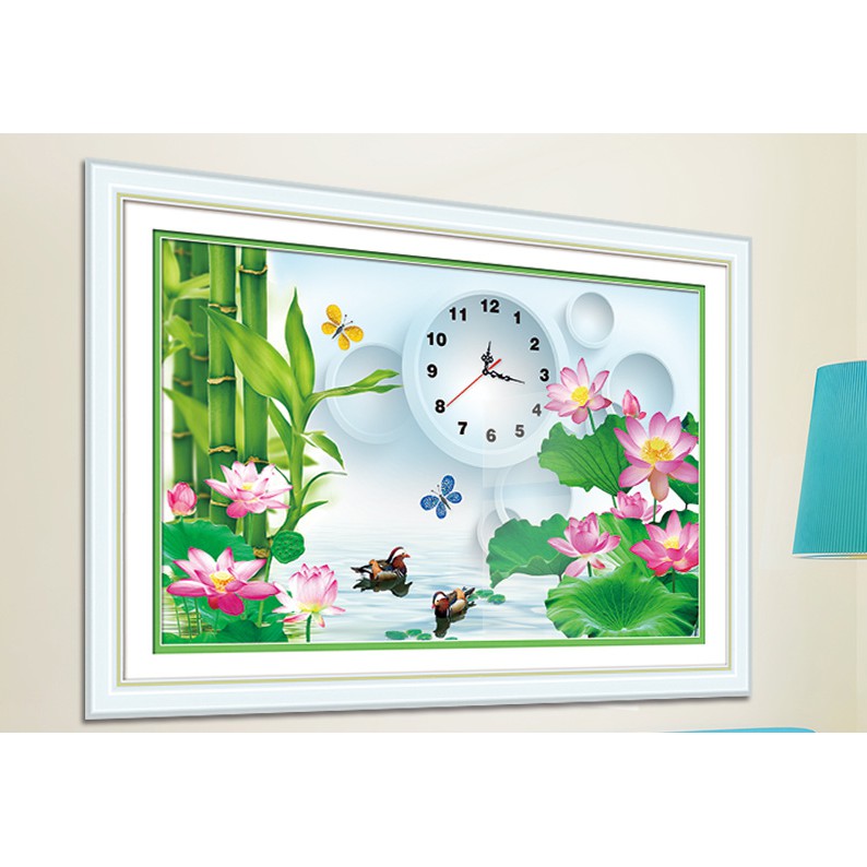 HÀNG LOẠI 1 - Tranh Đính Đá Đồng Hồ HOA SEN (ĐÁ ABC CAO CẤP). Kích Thước: 61cm x 41cm