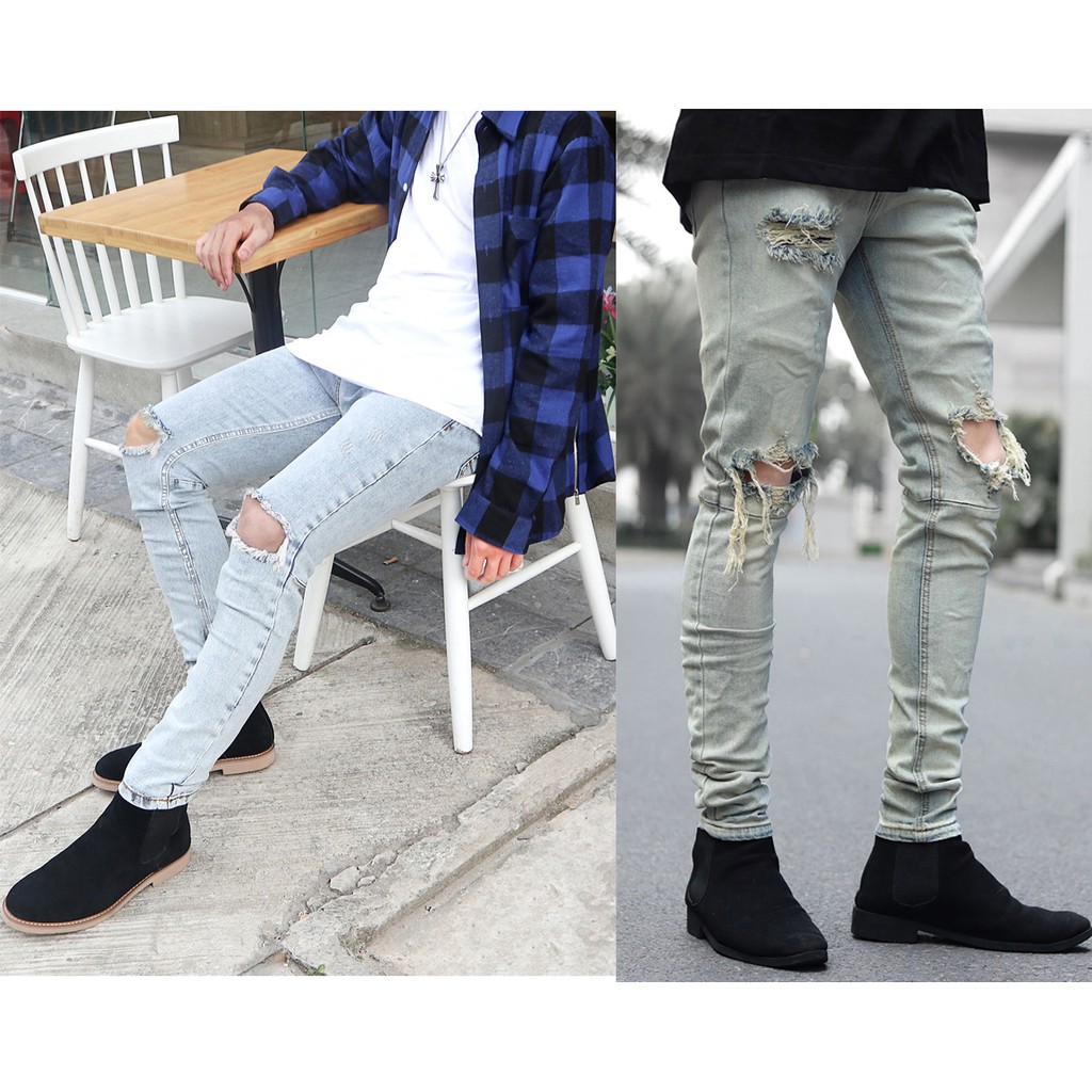 Quần jean nam rách gối xanh zipper (QJ3)