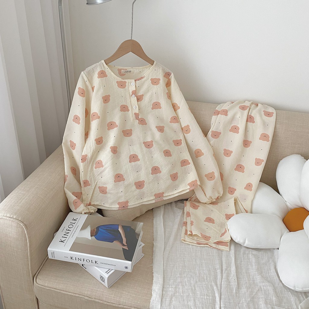 [Ảnh thật/video] Bộ Mặc Nhà Pyjama Nữ Dài Tay, Cộc Tay Chất Đũi Họa Tiết Đáng Yêu