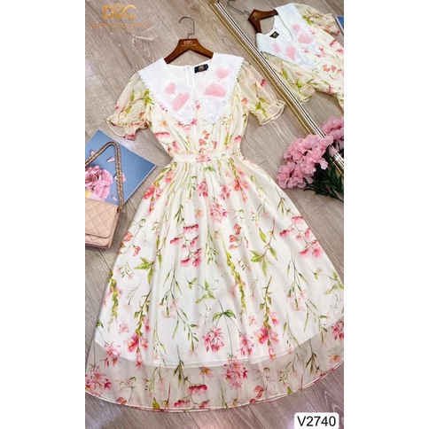 V2740 váy voan hoa màu vàng