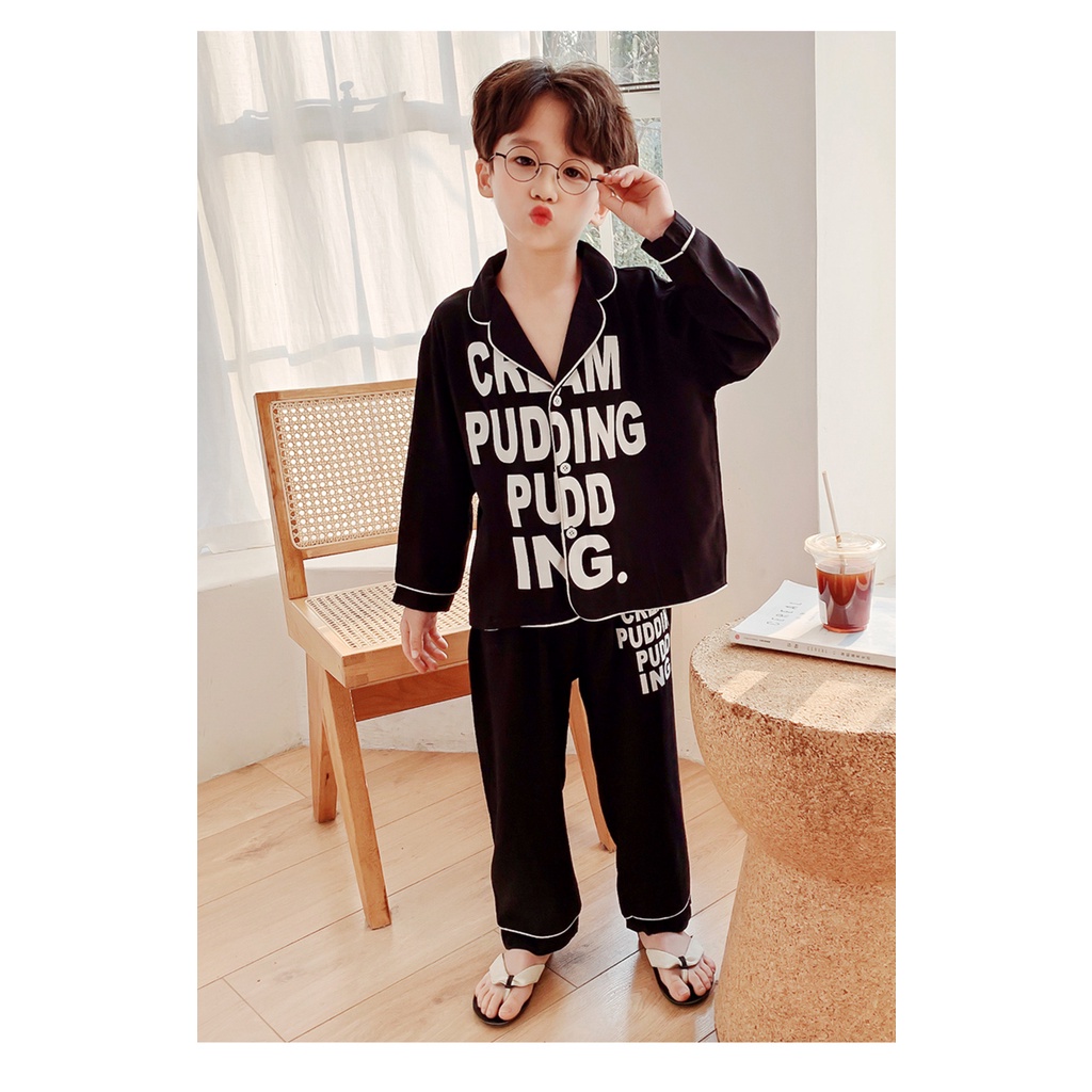 Pijama lụa dài tay in chữ cho bé từ 6-28Kg TiNa9 store, Bộ đồ ngủ dài tay cho bé trai và bé gái mặc đều xinh