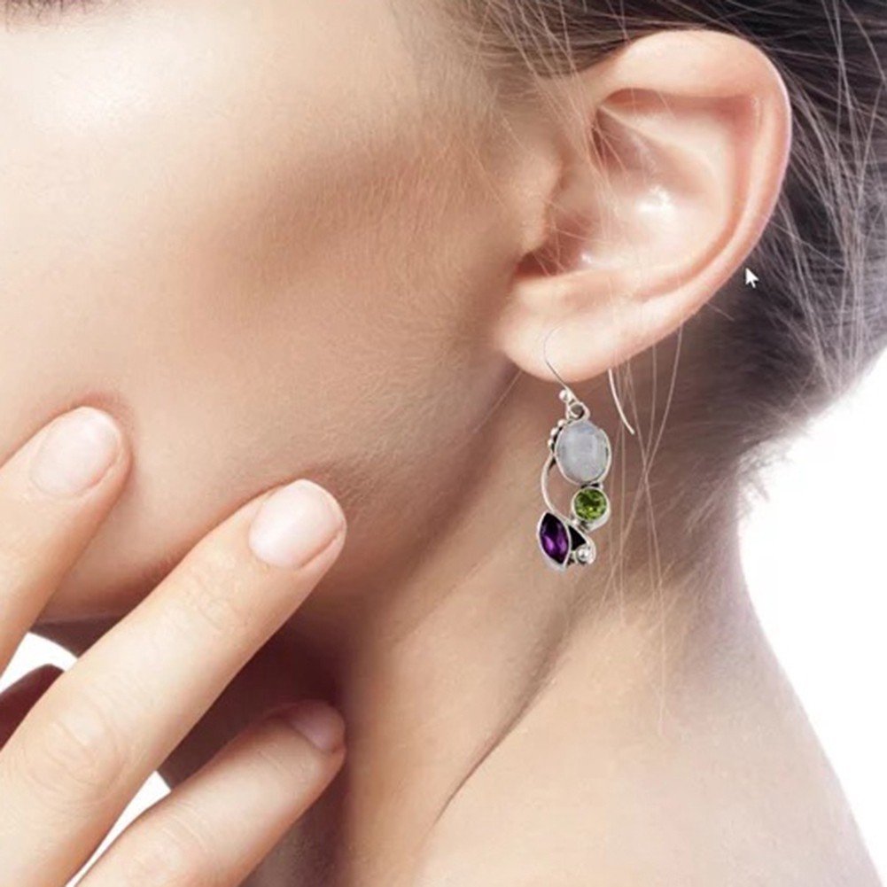 🍀Cochise🍀 Round Faux Moonstone Emerald Amethyst Earrings