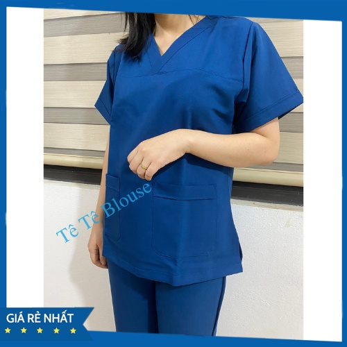Bộ SCRUBS cổ tim phòng mổ, đồng phục phẫu thuật, Spa, phòng khám, màu XANH COBAN, chất vải LON thường và Thun cao cấp