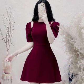 Váy Đầm Nhung Đỏ Tay Bồng Khoét Vai Siêu Xinh - Váy Danie Dress Dáng Xòe Ngắn Tay Cao Cấp