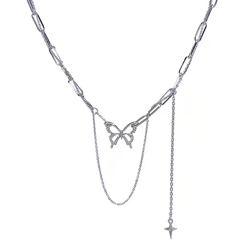 Vòng cổ Tua Rua Mạ Bạc Y2K Mặt Hình Bướm/Chữ Thập Cho Nữ