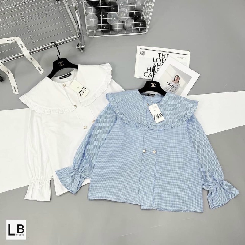 Áo sơ mi trắng xanh vintage phong cách Hàn Quốc shop Chavi