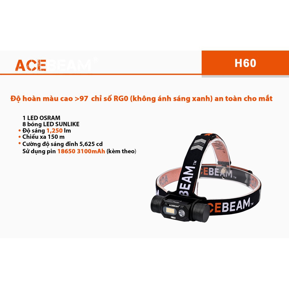 Đèn đeo đầu ACEBEAM H60 độ sáng 1250lm chiếu xa 150m độ hoàn màu CRI 96 sử dụng pin 18650 (không kèm theo) Đèn &amp; Đèn pin