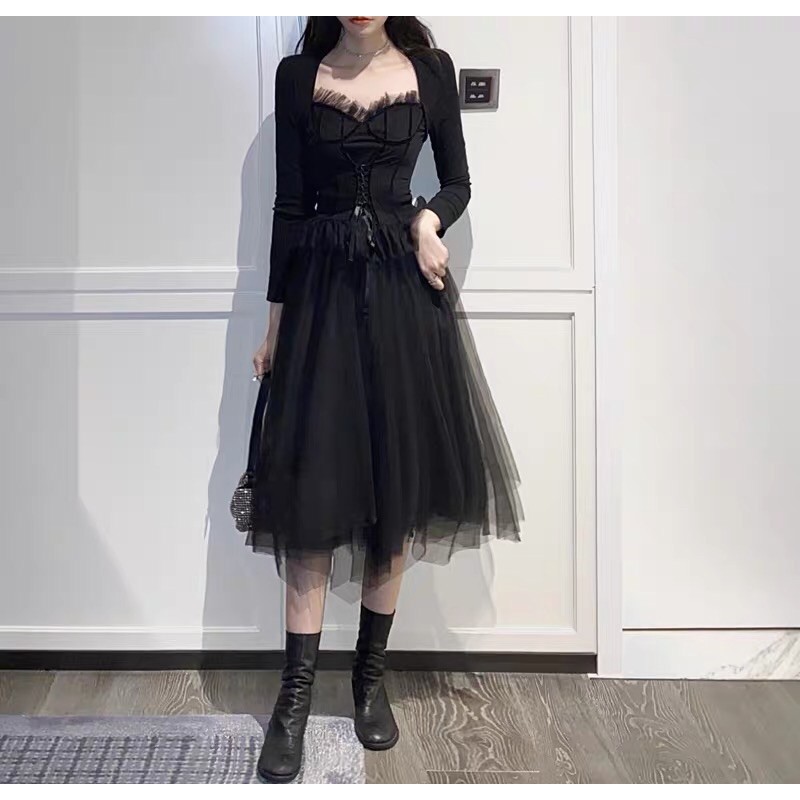 Set áo cúp ngực đan dây bụng+chân váy von xoè dài tiểu thư huyền bí