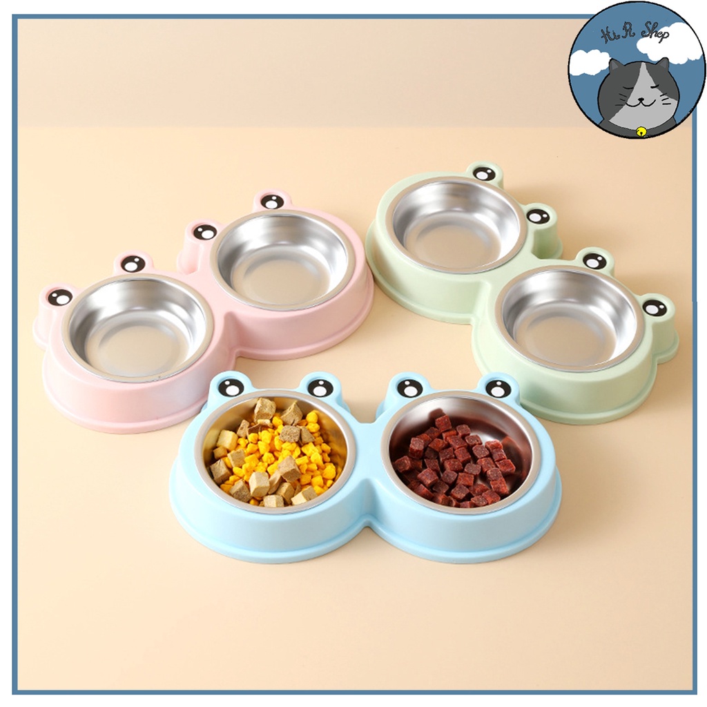 (Size Đại) Bát Ăn Hai Ngăn Hình Ếch Ngộ Nghĩnh Cho Thú Cưng Bát Đôi Chất liệu Inox Thép Không Rỉ Dành Cho Chó Mèo