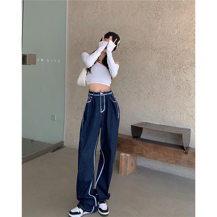 Quần denim Xanh Ống Rộng Lưng Cao Thiết Kế Mới Thời Trang Theo Phong Cách Mỹ Cho Nữ