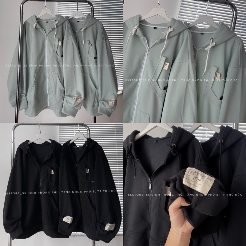 Áo khoác hoodie zip có nón vải nỉ bông cao cấp thêu họa tiết mặt cười màu xanh, đen form rộng unisex nam nữ - SSSTore