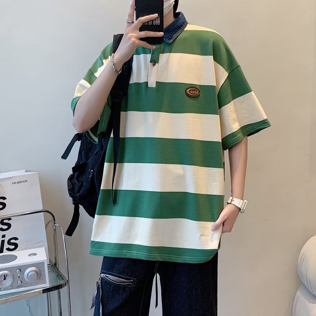 Áo Thun POLO Tay Ngắn Dáng Rộng Thoáng Khí In Họa Tiết Kẻ Sọc Phong Cách hip hop Đường Phố Hàn Quốc Thời Trang Mùa Hè Cho Nam