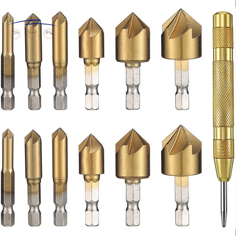 13 Pieces Countersink Drill Bit Set Counter Sinker Drill Bits 1/4 Inches Hex Shank 5 Flute Countersink Center Punch Tool
