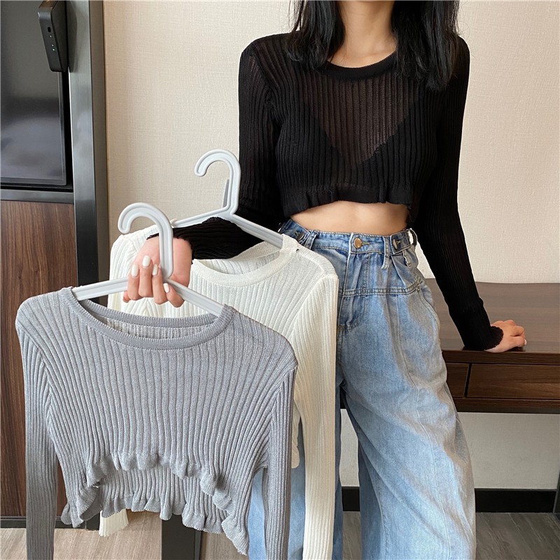 Áo thun croptop tay dài phong cách Hàn Quốc hợp thời trang cho nữ