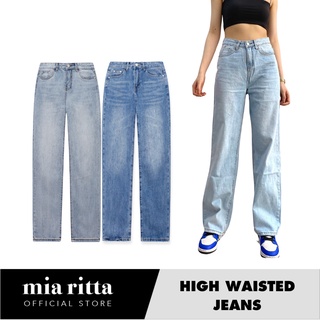 Quần bò jeans cạp cao chỉ nổi ống suông mài nhẹ Mia Ritta J464 ảnh thật