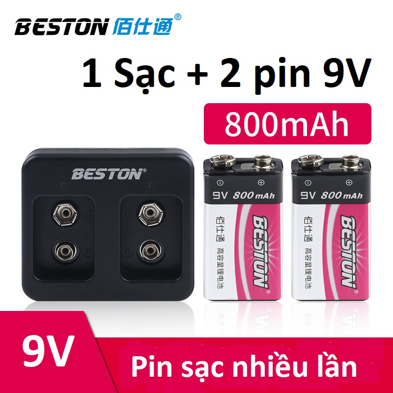 Bộ 2 Pin sạc 9V 800mAh tặng sạc hãng BESTON Pin sạc vuông 9V dung lượng cao Chuyên Mic karaoke  | Bảo hành 2 tháng