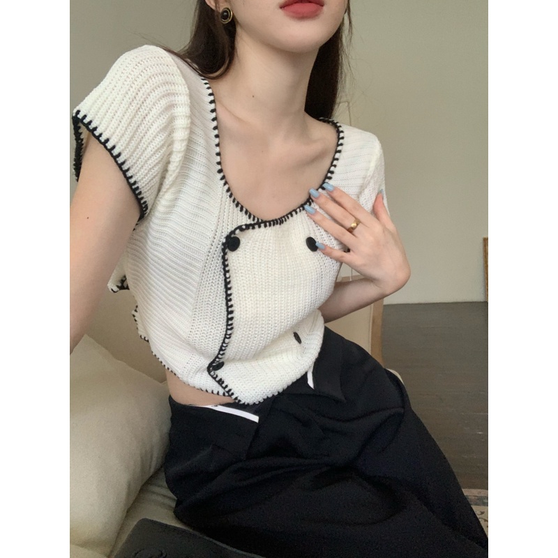 Porozi  Áo kiểu  dệt kim tay ngắn ôm dáng vừa vặn phong cách Hàn Quốc thời trang dành cho nữ