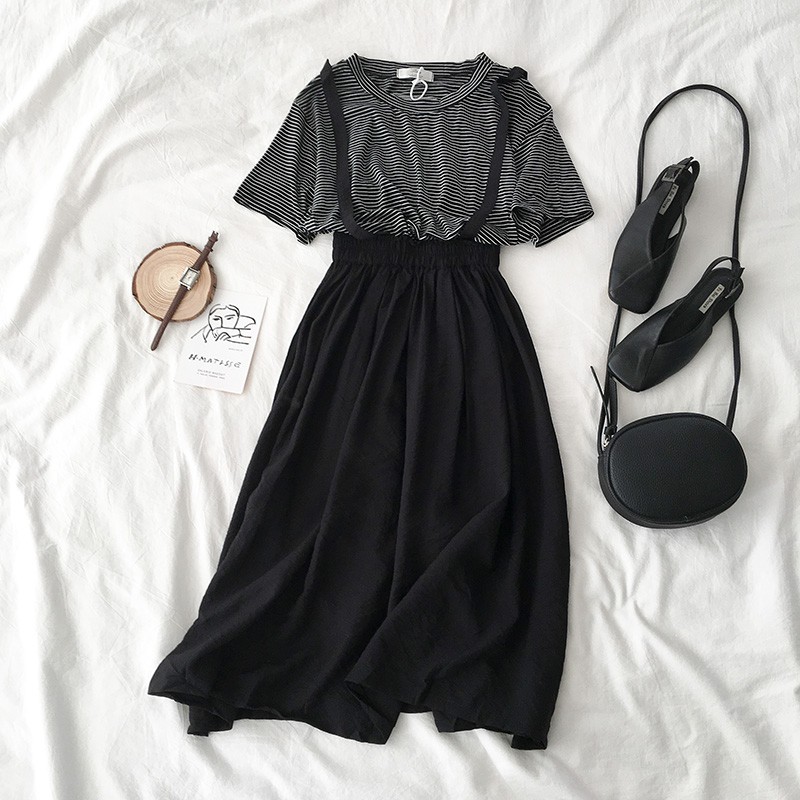 Đầm phối áo thun kẻ liền dáng dài ulzzang