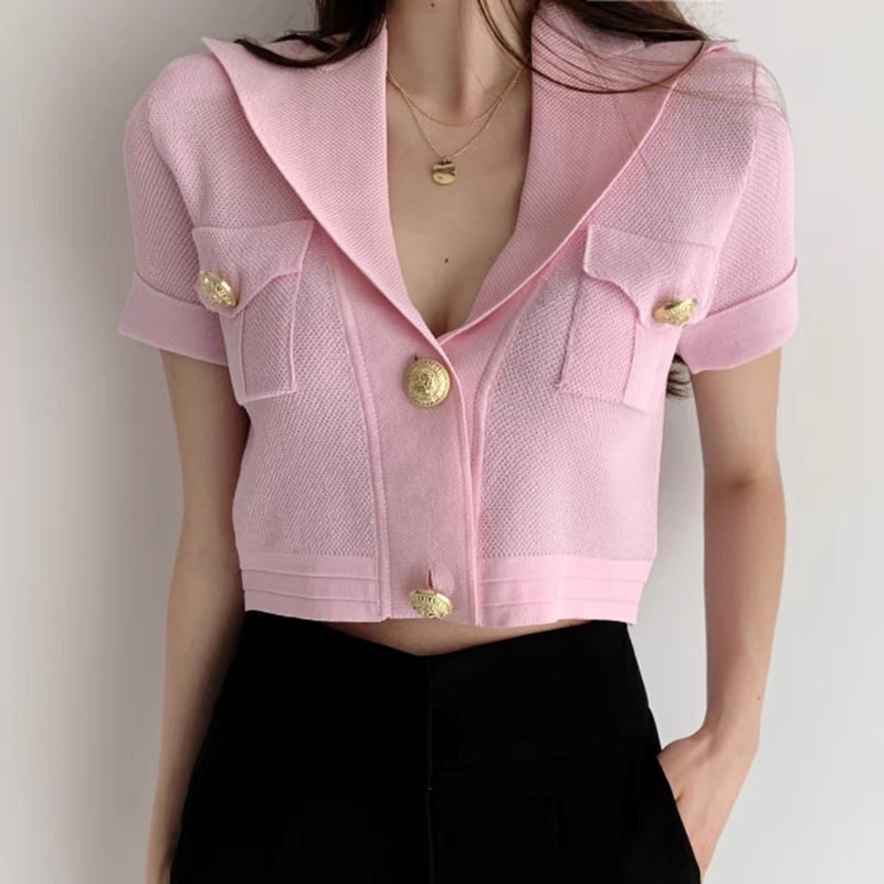 Áo len dệt kim kiểu cổ vest dáng croptop