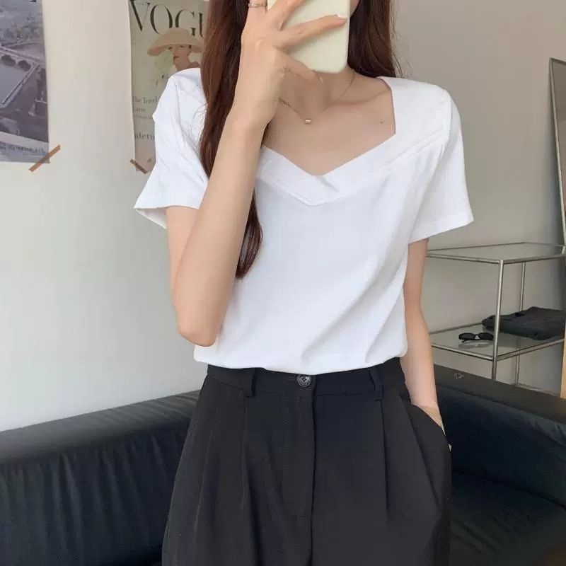 Áo Thun Tay Ngắn Cổ Chữ v Màu Đen Thời Trang Mùa Hè Cho Nữ