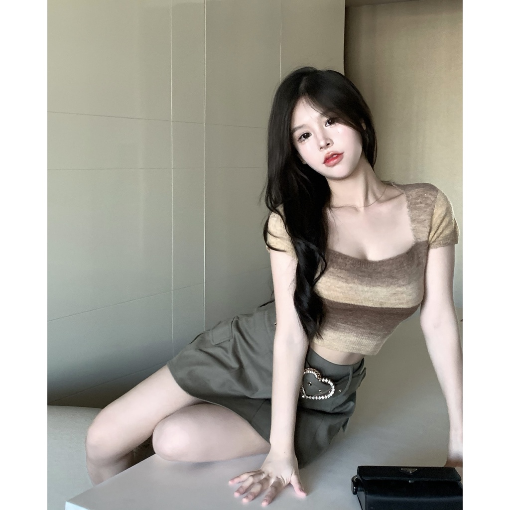 Porozi  Áo thun  ngắn tay cổ vuông họa tiết kẻ sọc thời trang Hàn Quốc cho nữ