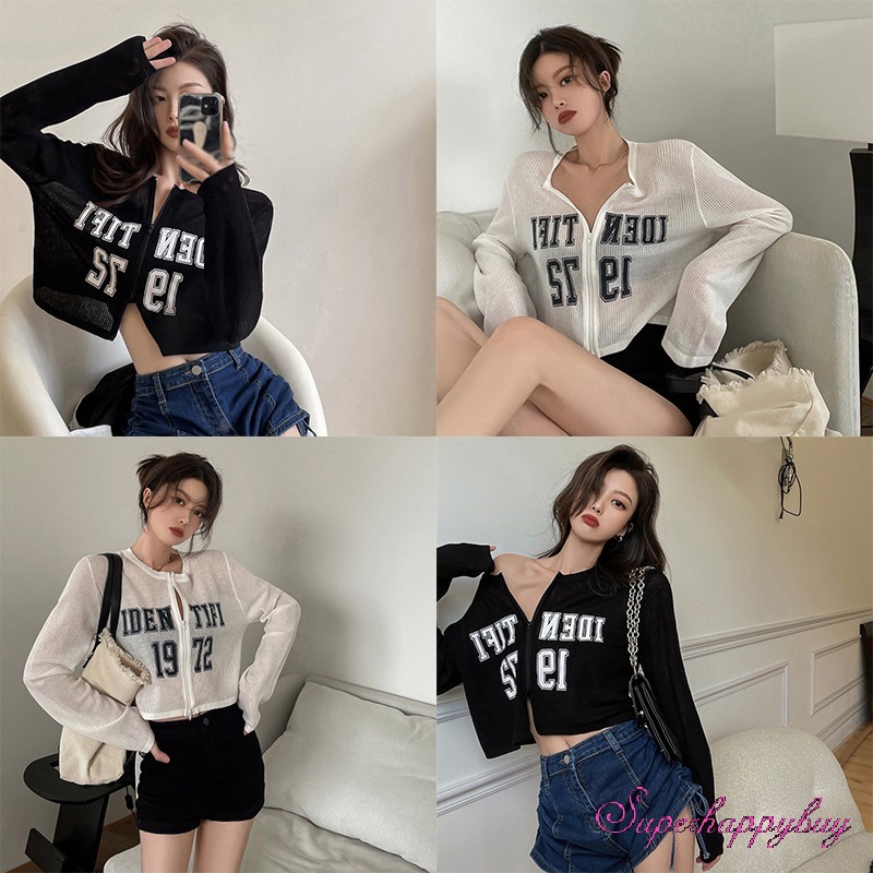 Áo Khoác Cardigan Nữ Tay Dài Chống Nắng Có Dây Kéo In Chữ