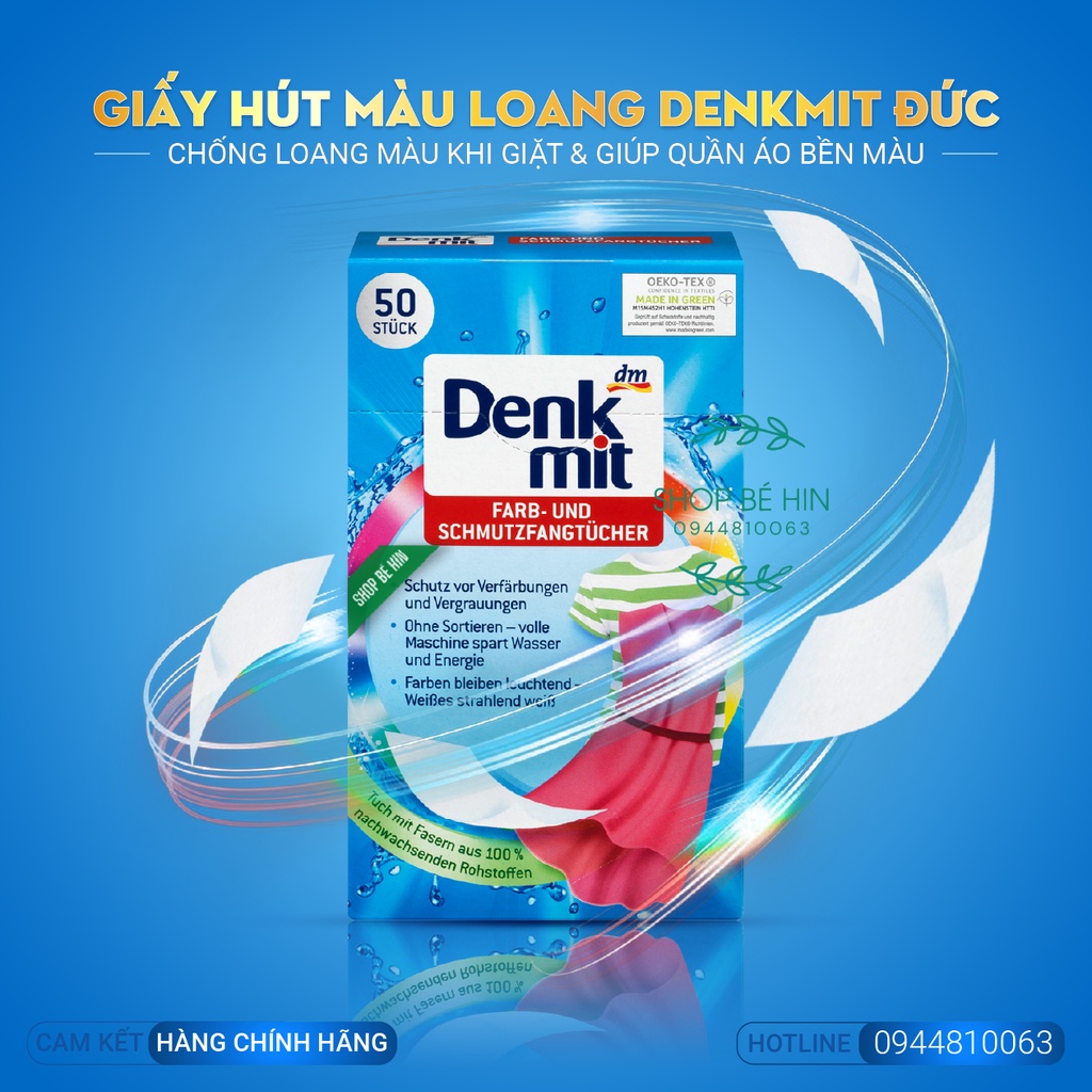 (Bill Đức, 50 miếng) Giấy hút màu loang quần áo Denkmit, miếng hút màu loang quần áo, chống phai màu quần áo khi giặt