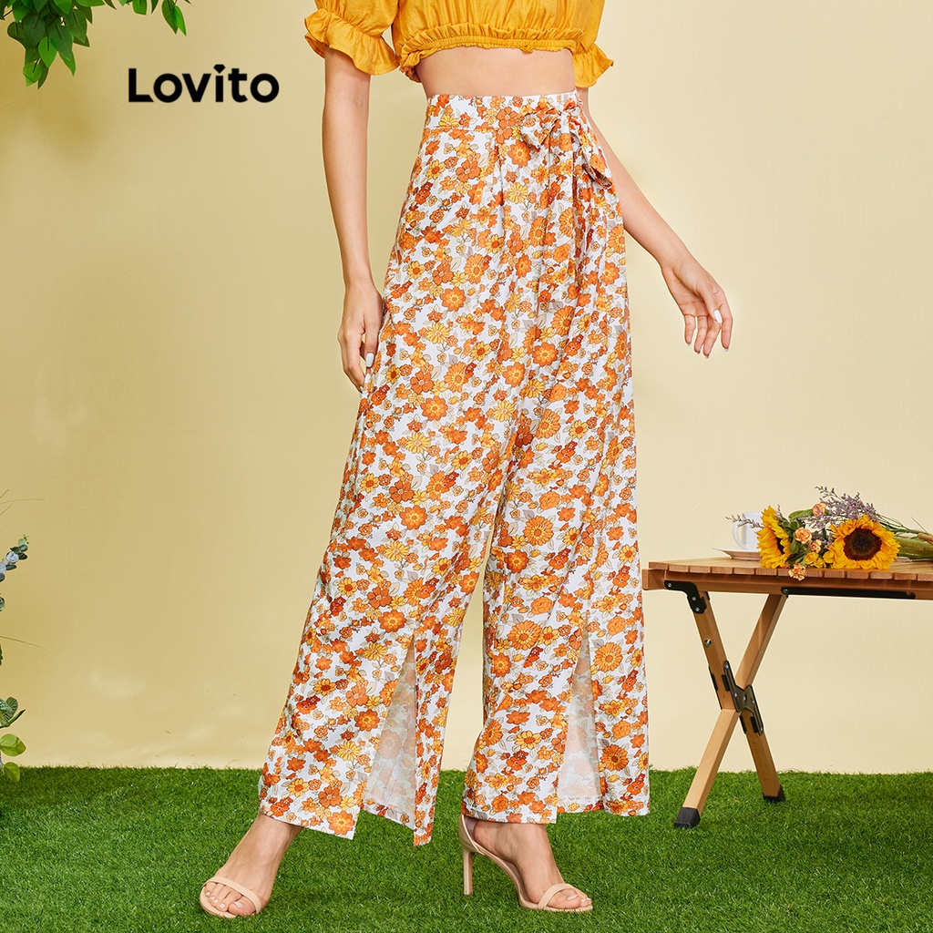 Quần dài (Lovito Exclusive) FREE NATURE Thực vật Ren Up Mặt trước phân chia Boho L28EE047 (Cam)