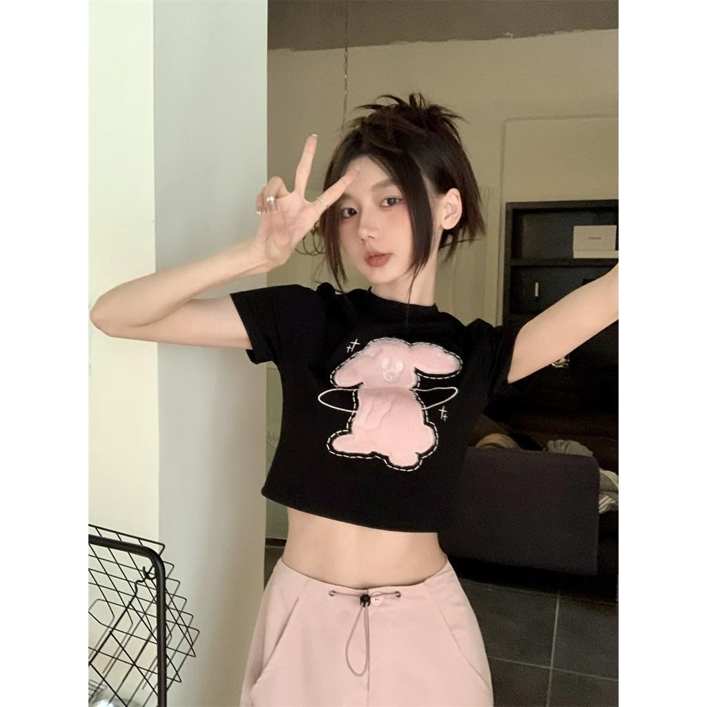 Áo Thun Ngắn Tay Dáng Rộng Thêu Hình Thỏ Nhồi Bông Phong Cách Thời Trang Dành Cho Nữ