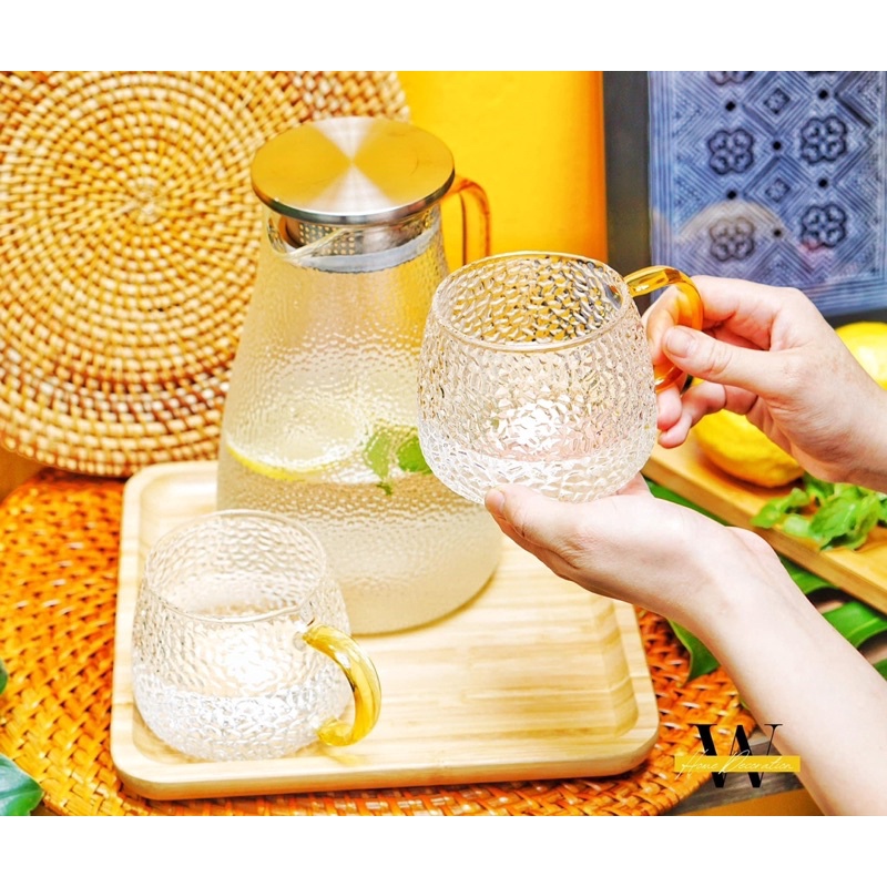 Cốc Tách Thủy Tinh Sần Quai Vàng Sang Trọng Chịu Nhiệt