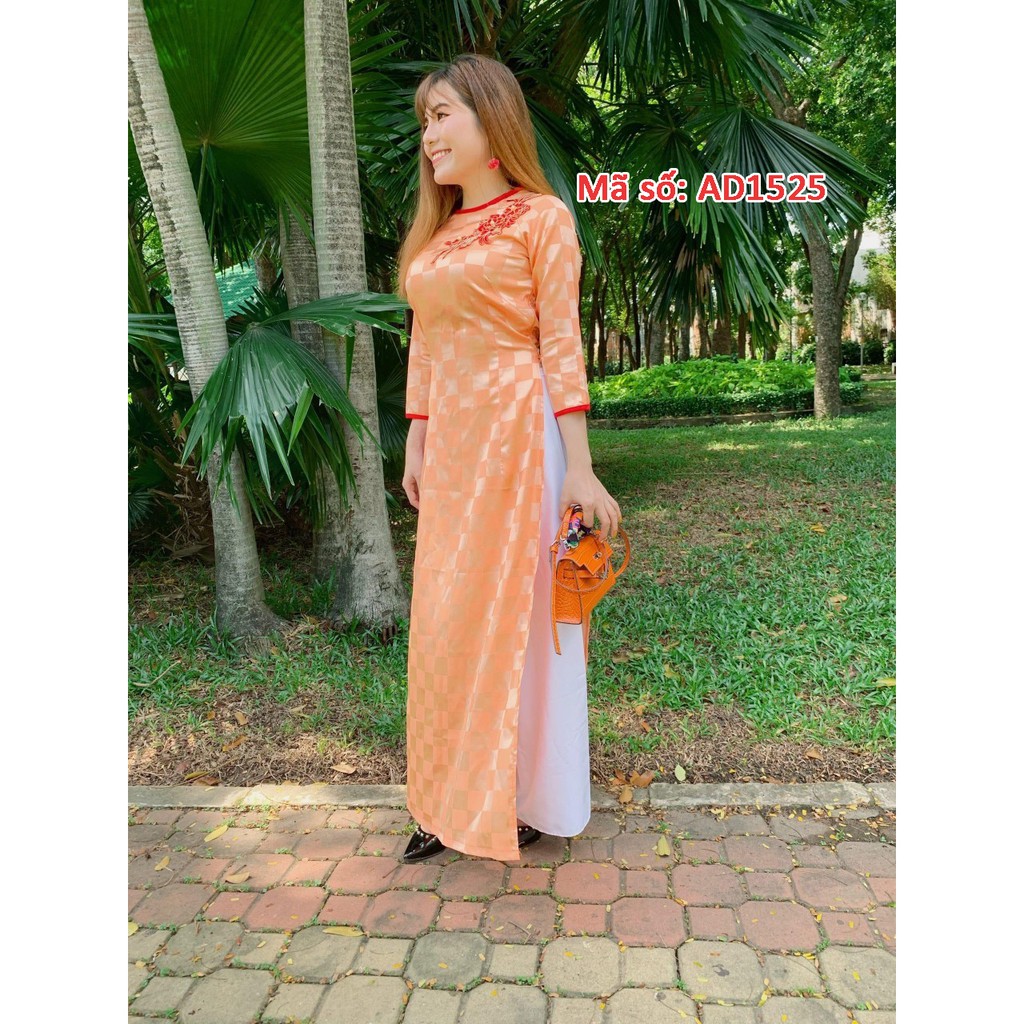 ⚡️ có big size 3XL ⚡️ AD1525 ÁO DÀI TRUYỀN THỐNG GẤM VUÔNG ĐÍNH HOA ĐỎ CÒ CỔ TRÒN TAY LỠ KÈM QUẦN ỐNG RỘNG