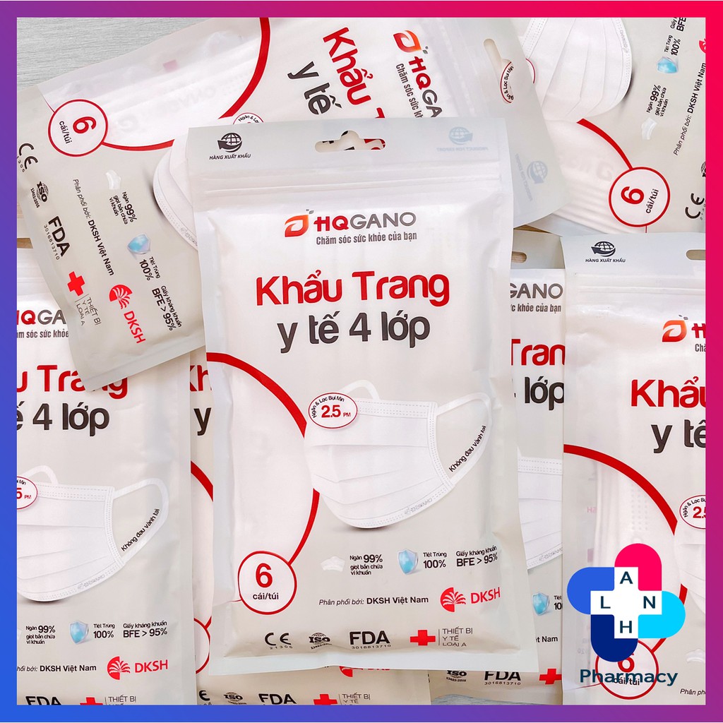 Khẩu trang HQGANO (Gói 6 cái) - Khẩu trang y tế 4 lớp hàng xuất khẩu.