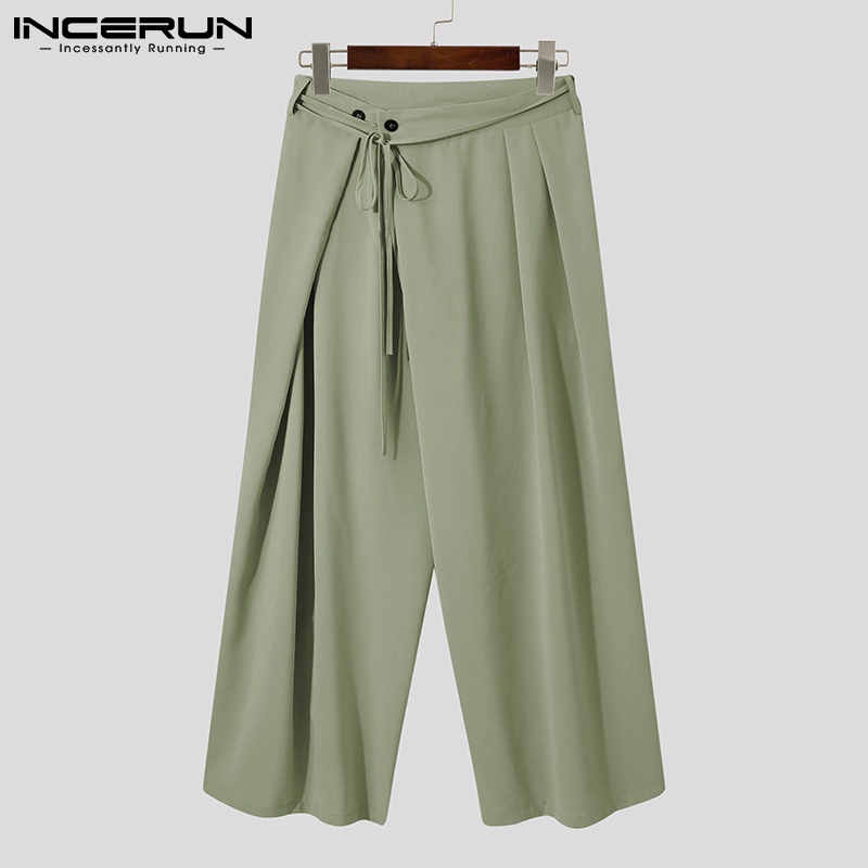Quần dài INCERUN ống rộng xếp ly rút dây màu trơn thời trang đi chơi cho nam