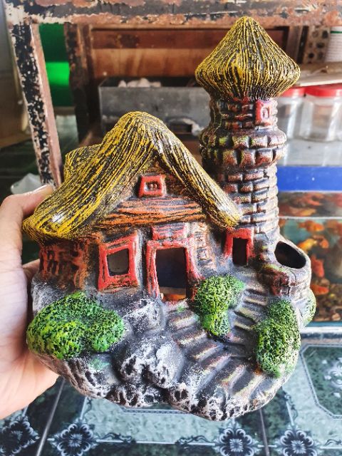 NHÀ ỐNG KHÓI TRANG TRÍ HỒ CÁ NON BỘ 17X15x18cm