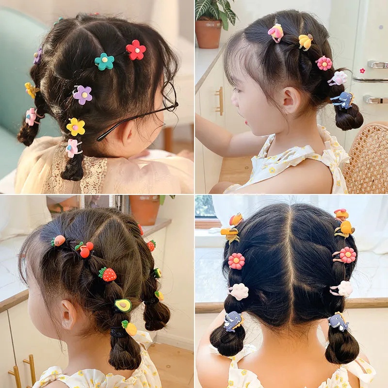 Hộp 30 Dây Buộc Tóc Co Giãn In Họa Tiết Trái Cây / Động Vật Hoạt Hình Cho Bé Gái