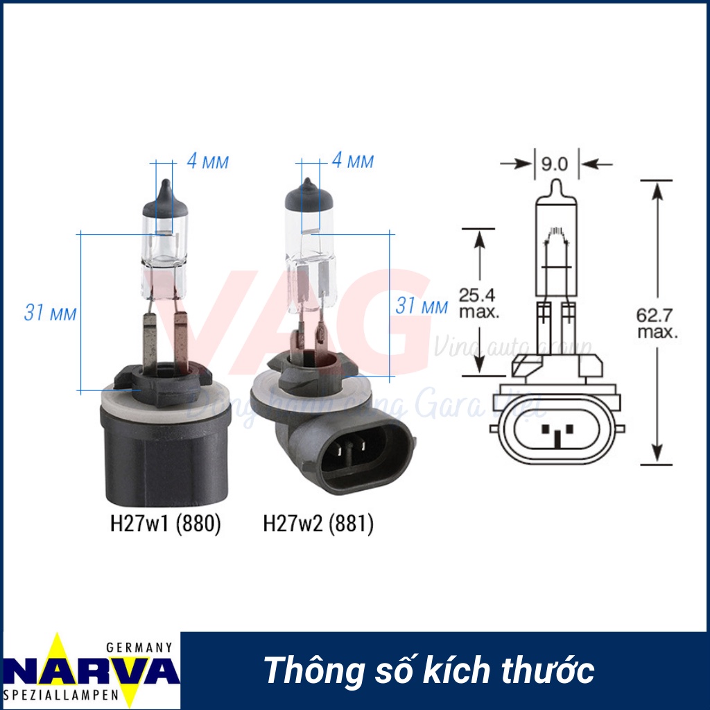 Bóng đèn NARVA H27 881 12,8V 27W chính hãng từ Đức